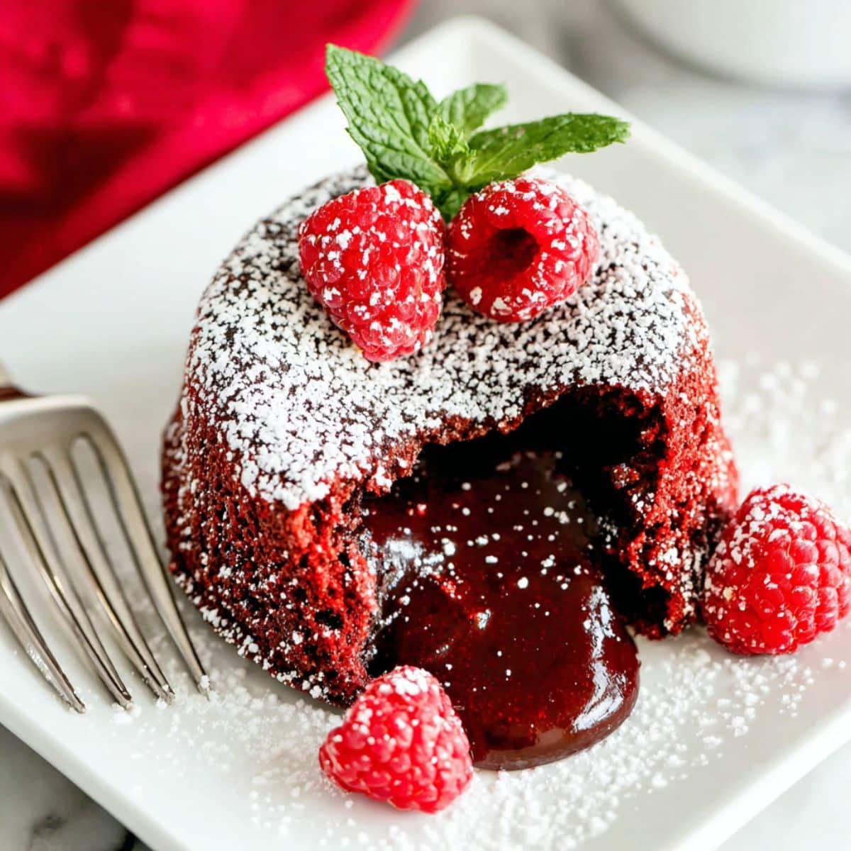 Red velvet lava cake with molten center on white table