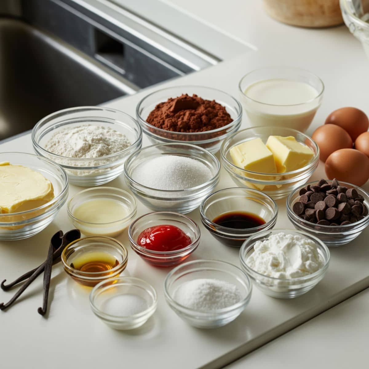 Red velvet lava cake ingredients on white kitchen table