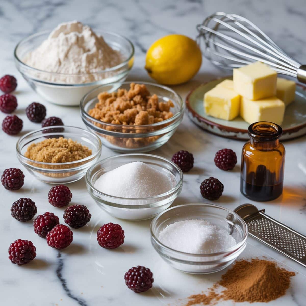 Top-down view of real Saskatoon pie ingredients arranged on a white kitchen table with berries, flour, butter, and sugar in small bowls.