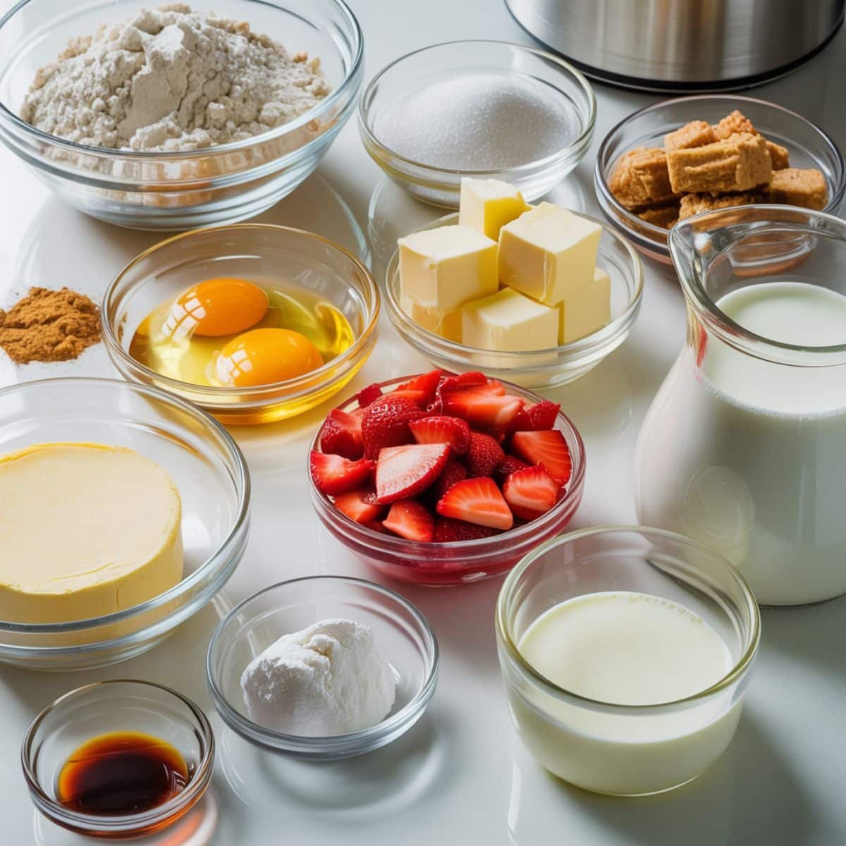Top-down view of ingredients for strawberry cinnamon rolls including flour, milk, butter, eggs, sugar, strawberries, cinnamon, and cream cheese on a white kitchen counter.