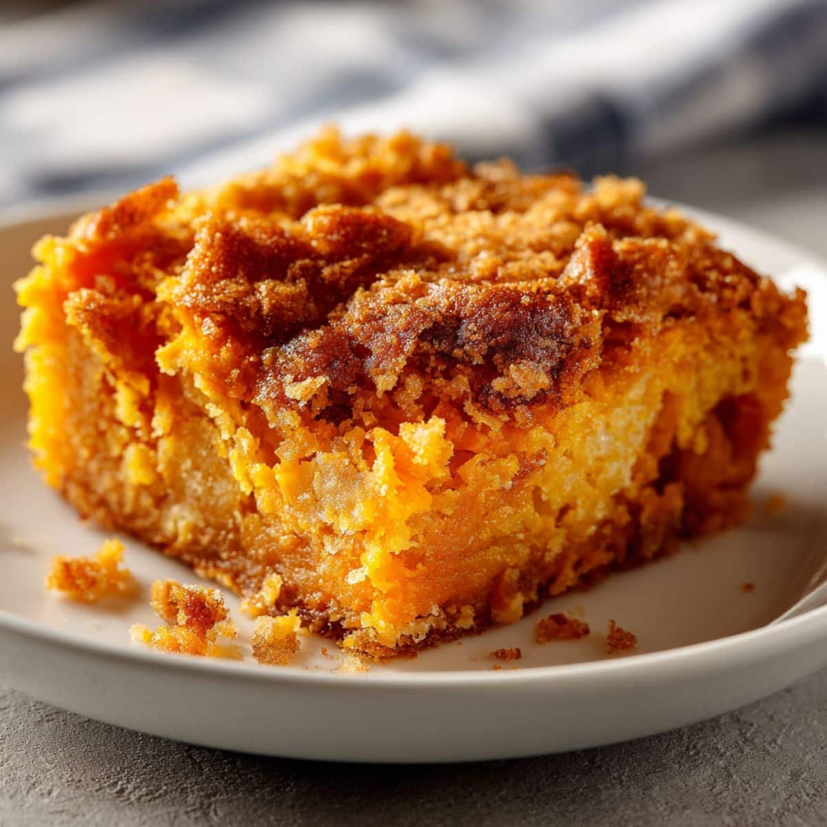 Homemade sweet potato dump cake with golden crust on a white kitchen table.