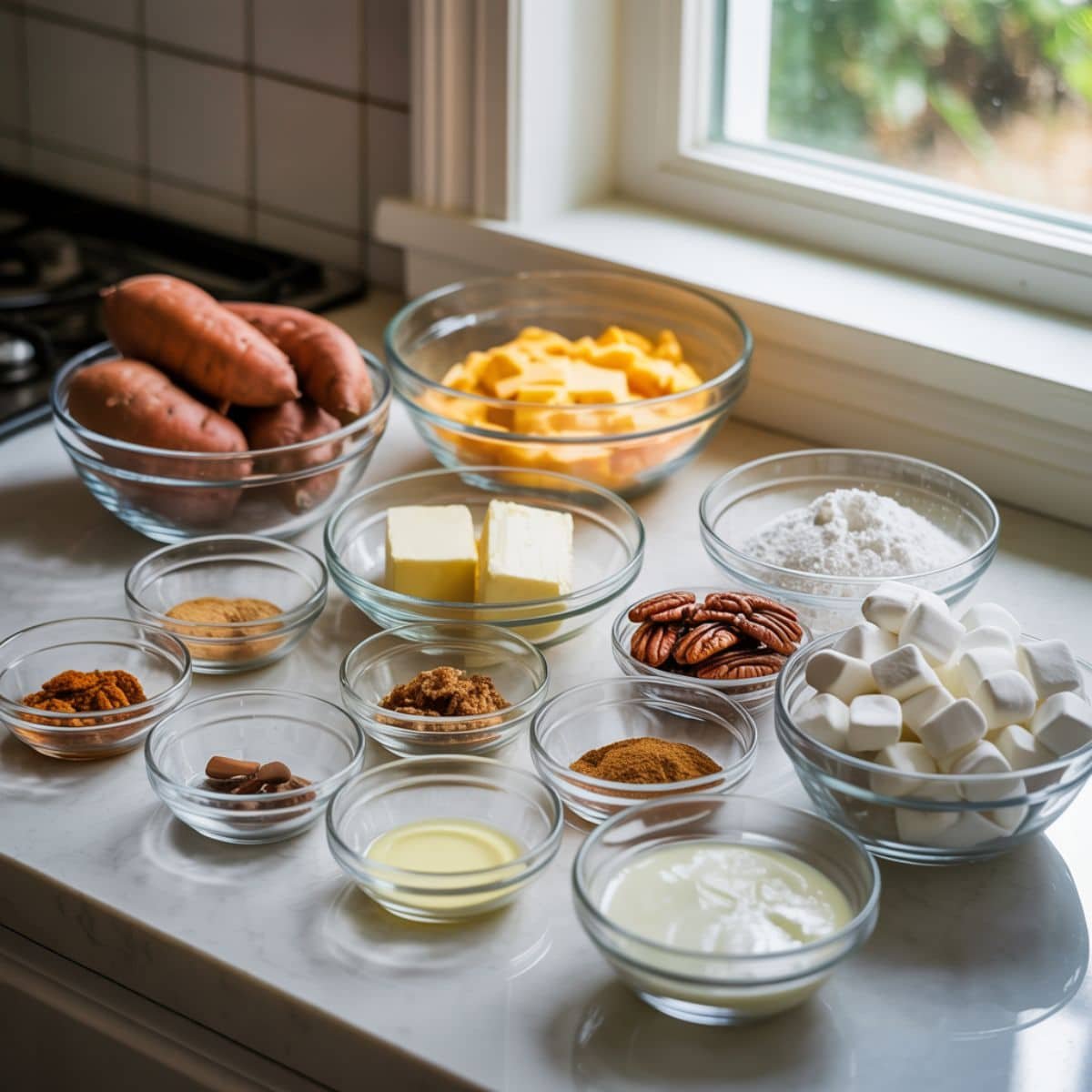 Sweet potato dump cake ingredients laid out on a white counter.