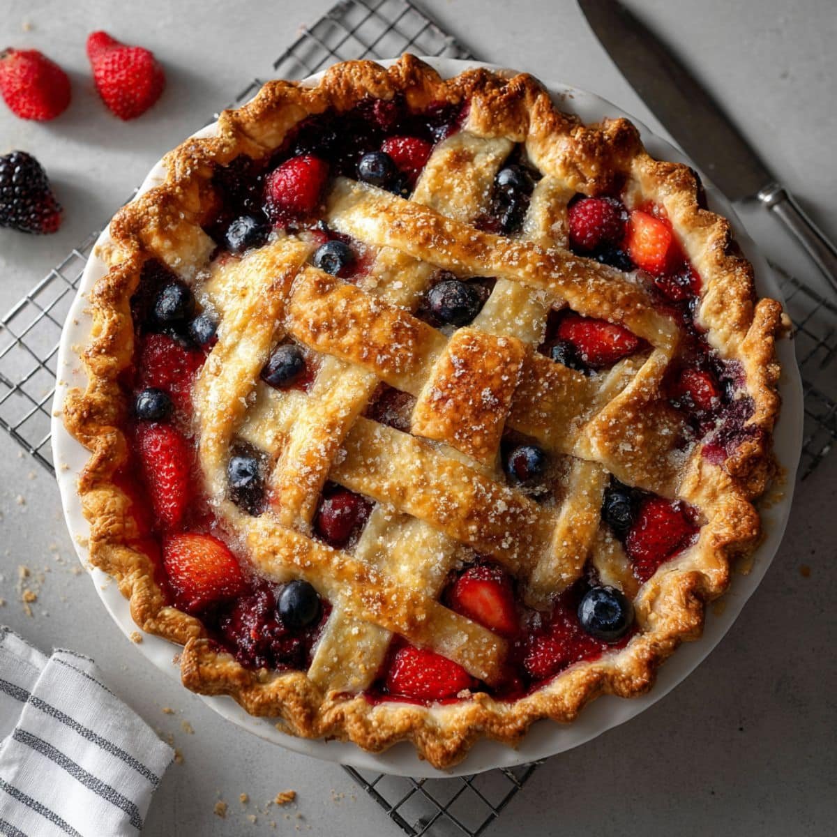Homemade Three Berry Pie Recipe with golden crust and juicy filling cooling on a white kitchen counter.