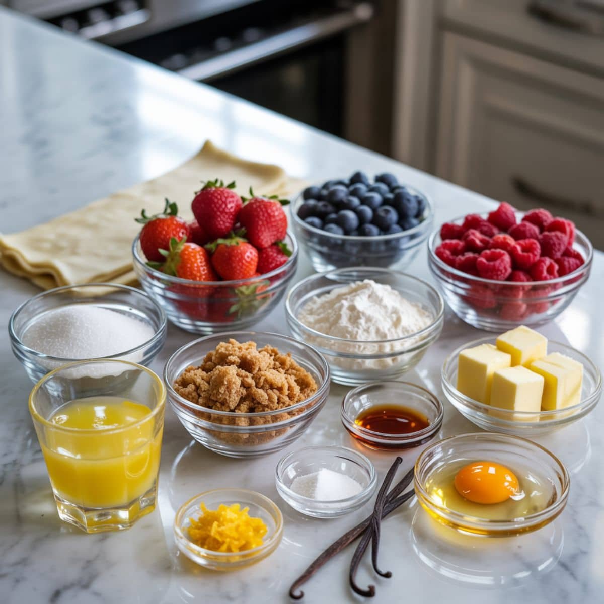 Top-down shot of three berry pie ingredients — fresh berries, sugars, butter, flour, and crust on a white kitchen table.