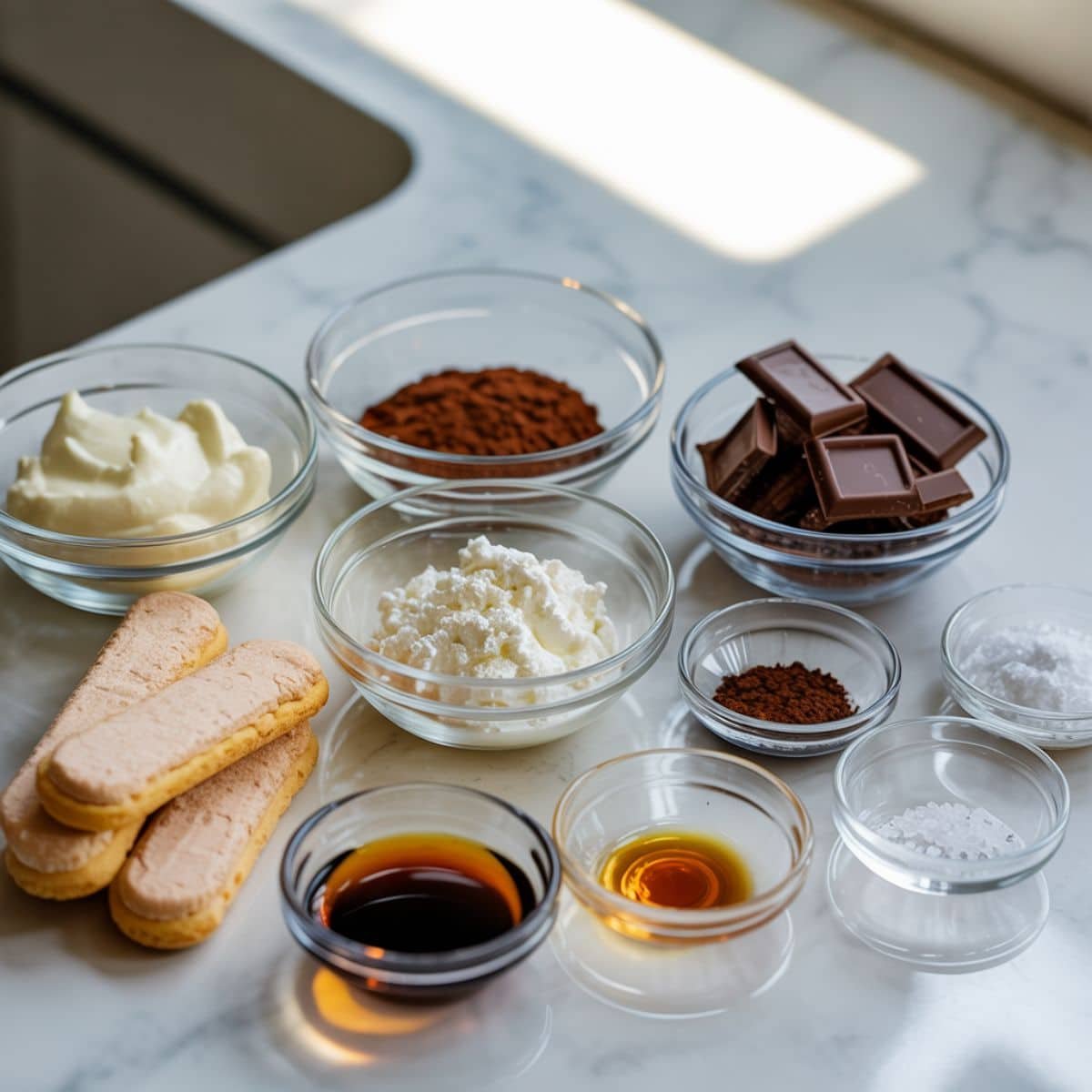 Overhead shot of tiramisu truffle ingredients on a white kitchen counter.