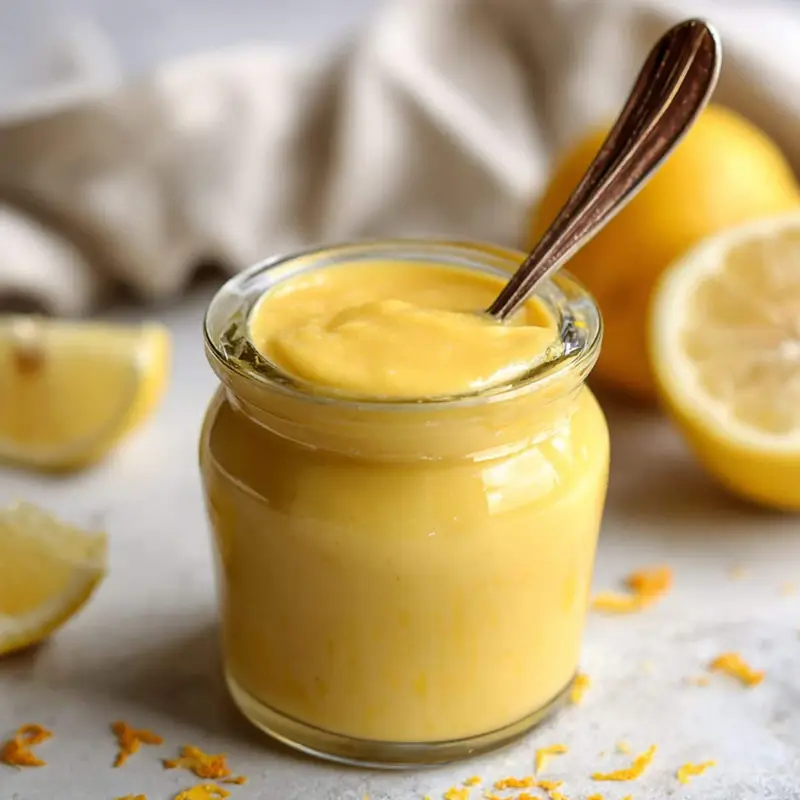 Homemade vegan lemon curd in a glass jar with a spoon on a white kitchen counter.
