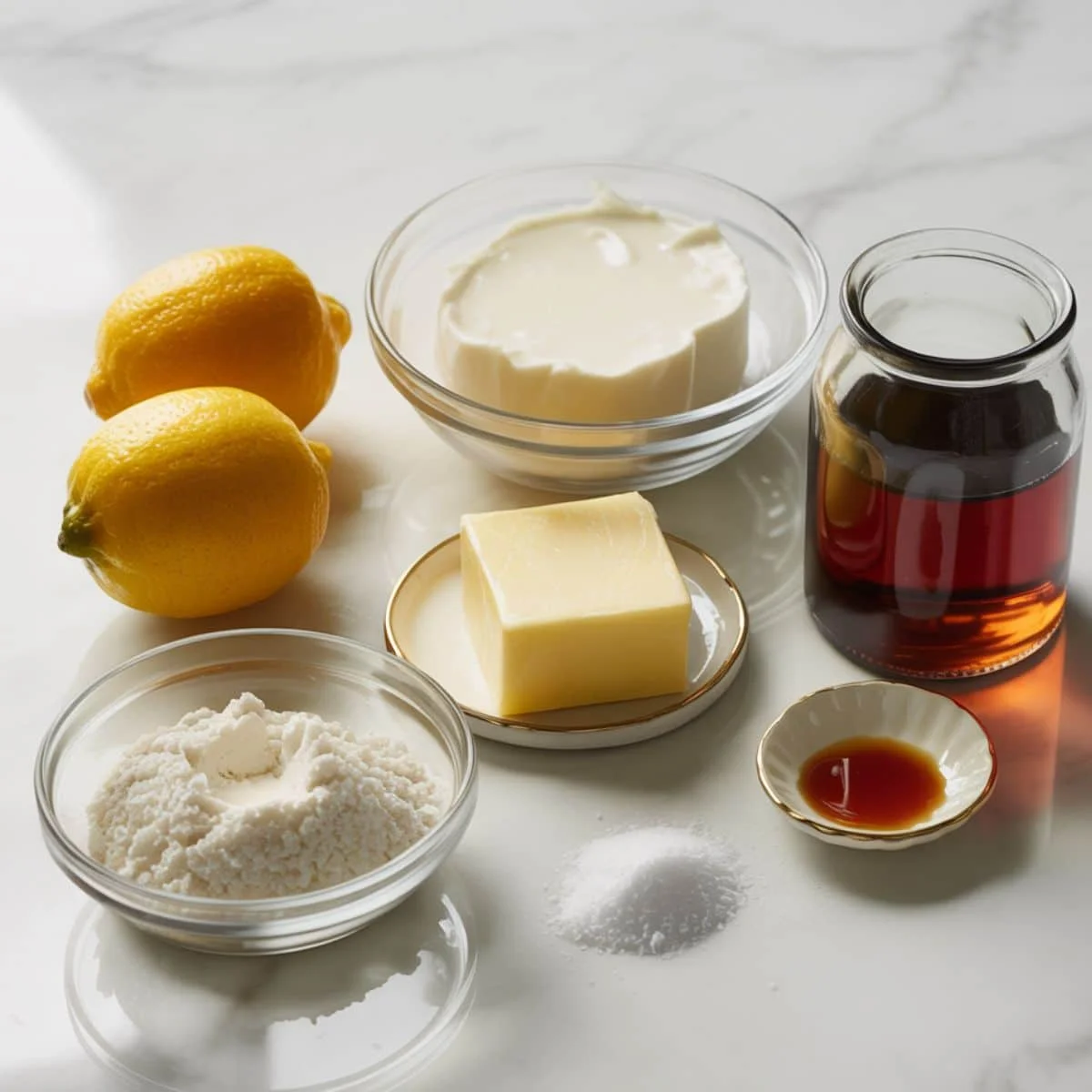 Fresh ingredients for vegan lemon curd on a white kitchen counter, including lemons, coconut cream, vegan butter, and maple syrup.