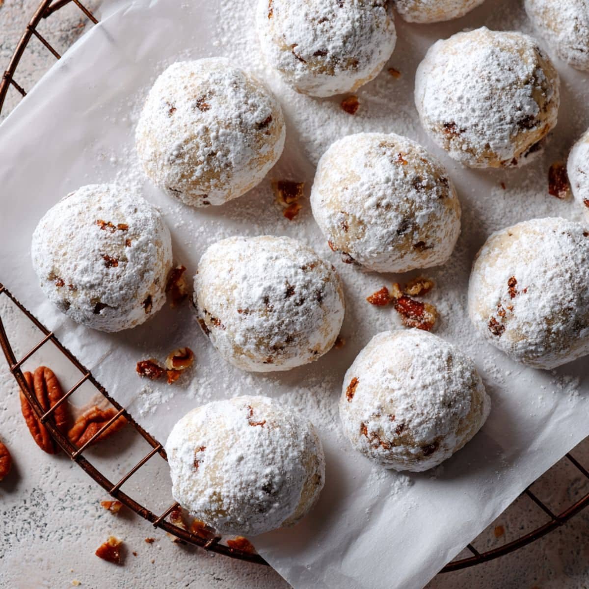 Homemade vegan Mexican wedding cookies dusted with powdered sugar on a white kitchen table.