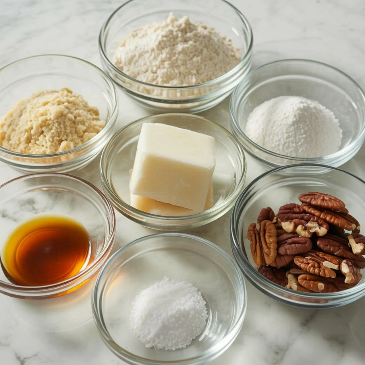 Flat lay of vegan Mexican wedding cookie ingredients on a white kitchen counter with natural light.
