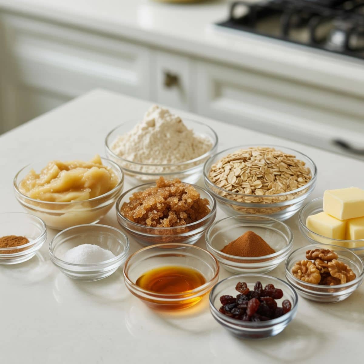 Applesauce cookie ingredients arranged on a white counter