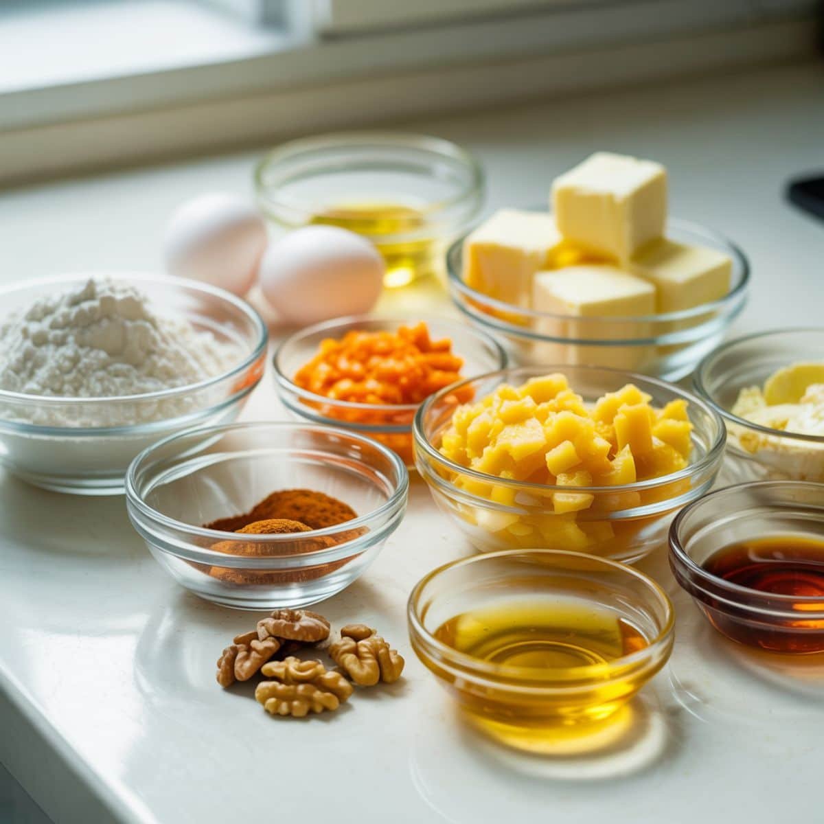 Flat lay of carrot cake roll ingredients including shredded carrots, flour, eggs, sugar, spices, and cream cheese on a white counter in natural light.