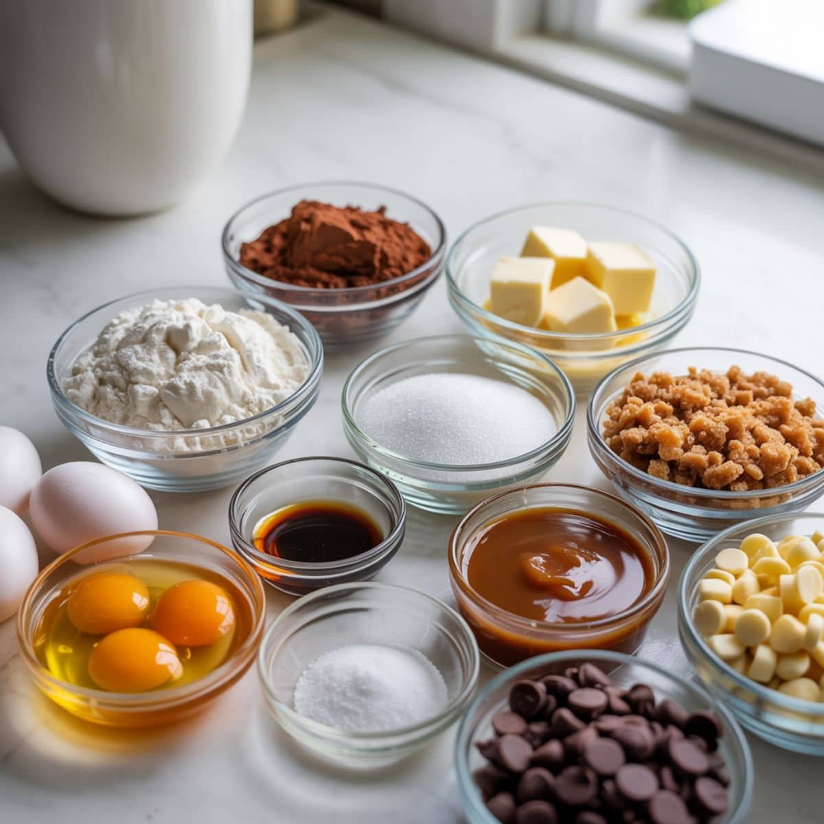 Overhead shot of chocolate caramel brownie ingredients on a white counter with natural light.