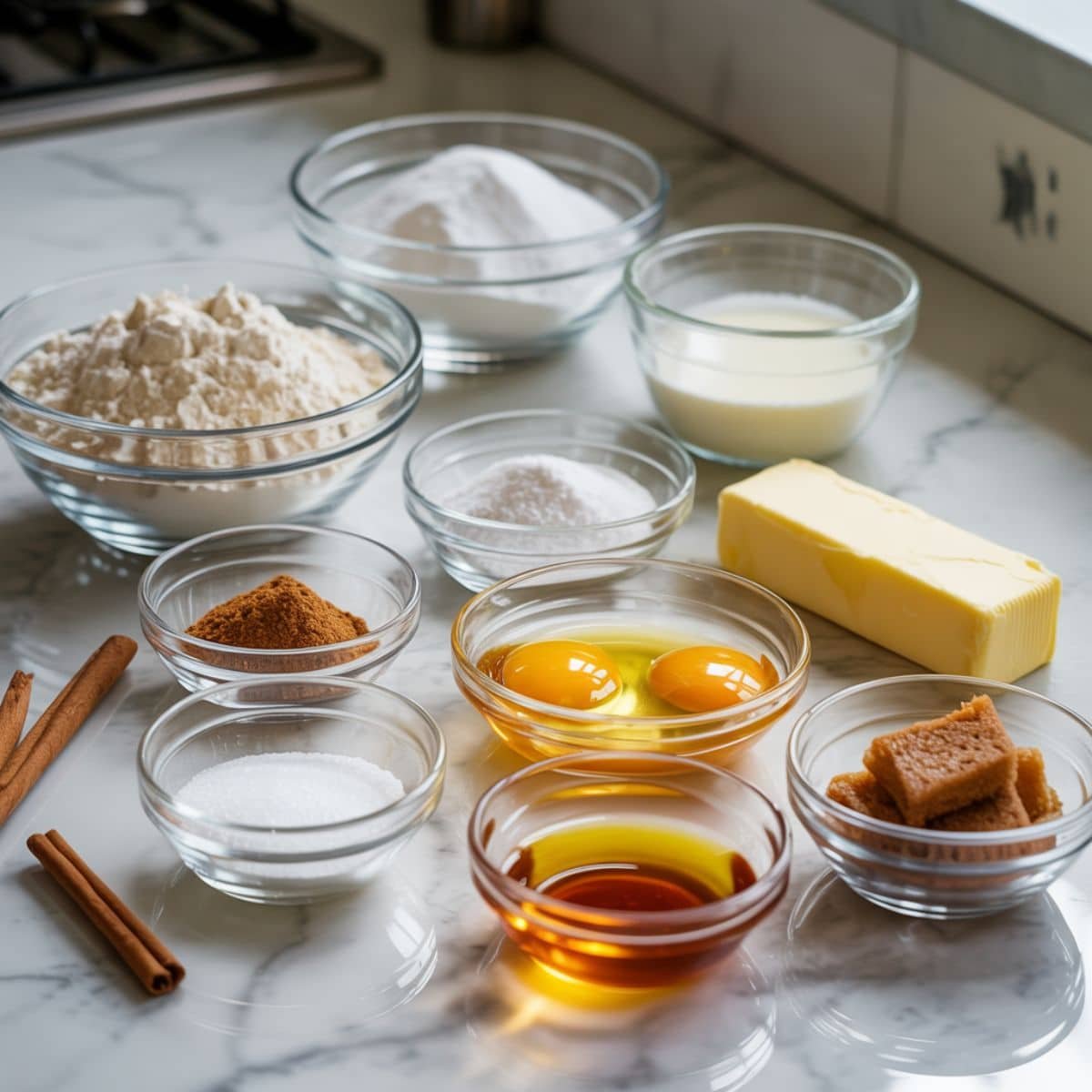 Cinnamon pancake ingredients arranged on a white kitchen table, including flour, sugar, cinnamon, buttermilk, eggs, and butter, photographed from above with a natural homemade feel.