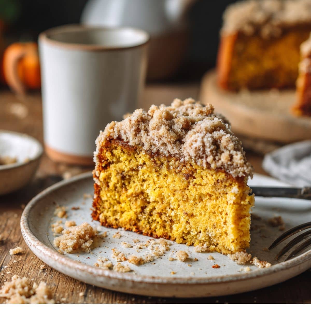 Vegan pumpkin coffee cake slice on a white plate with crumb topping and coffee cup in natural light.
