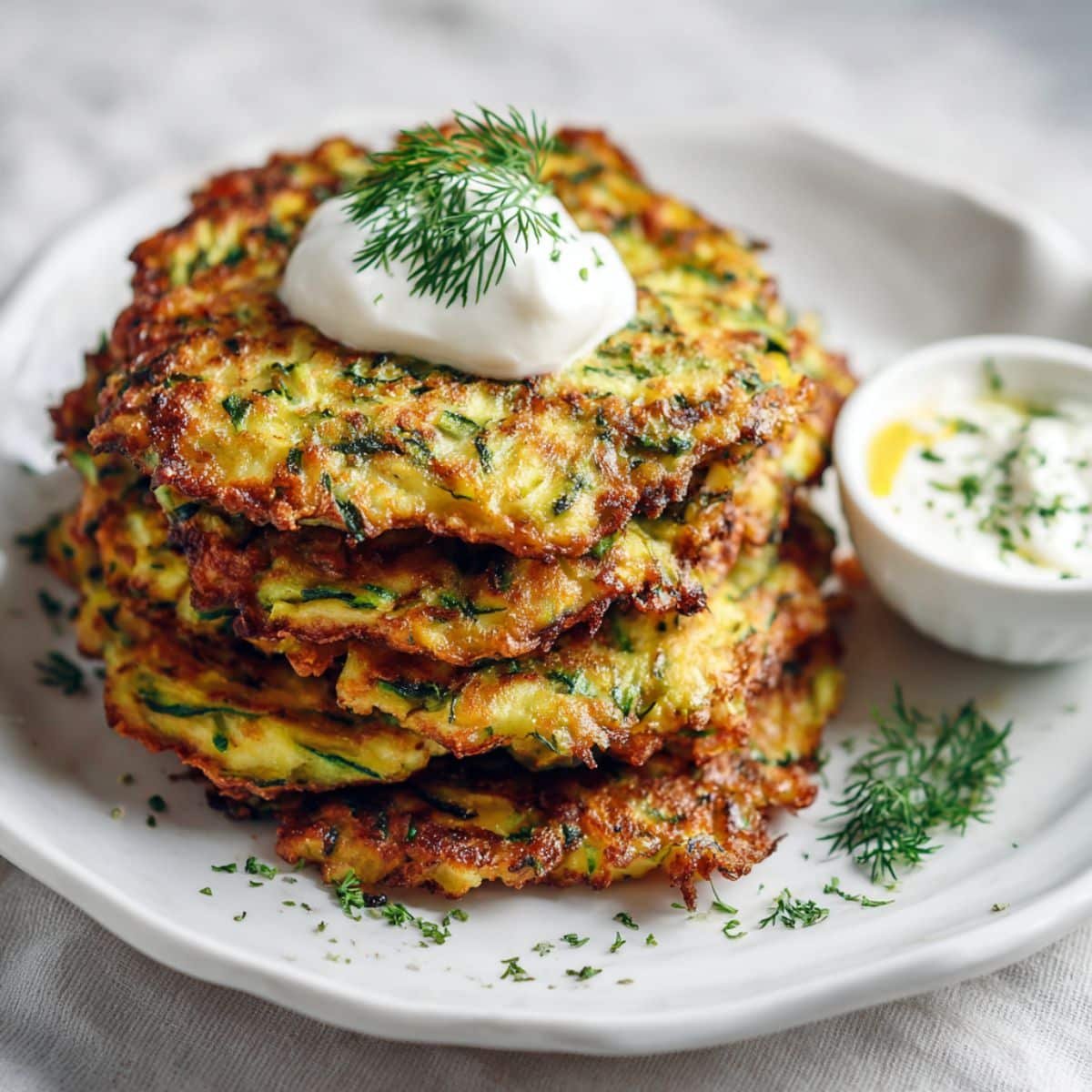 Crispy homemade zucchini pancakes recipe on a white plate with sour cream and herbs, photographed from above on a white kitchen table.