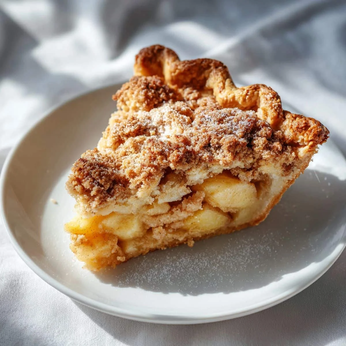 A homemade Dutch apple pie recipe on a white plate with crumbly streusel topping and visible apple filling, photographed from above in natural light.