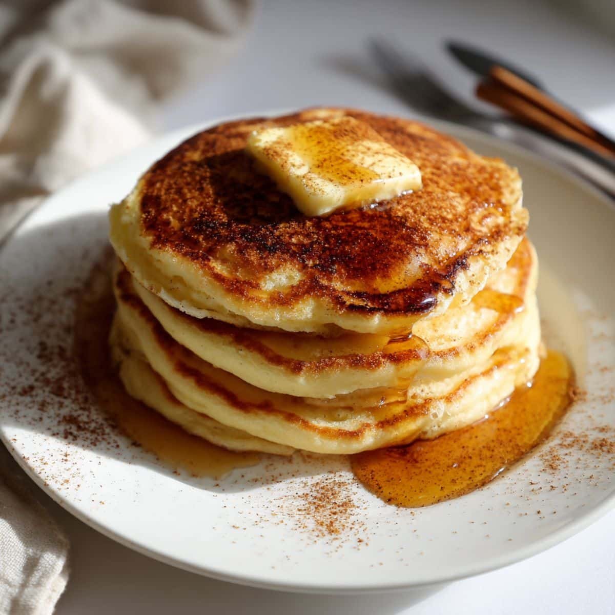 Fluffy cinnamon pancakes stacked on a white plate, topped with butter and syrup, photographed from above with a cozy homemade vibe.