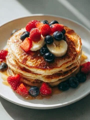 Fluffy stack of homemade vegan banana pancakes with maple syrup and berries on a white plate.