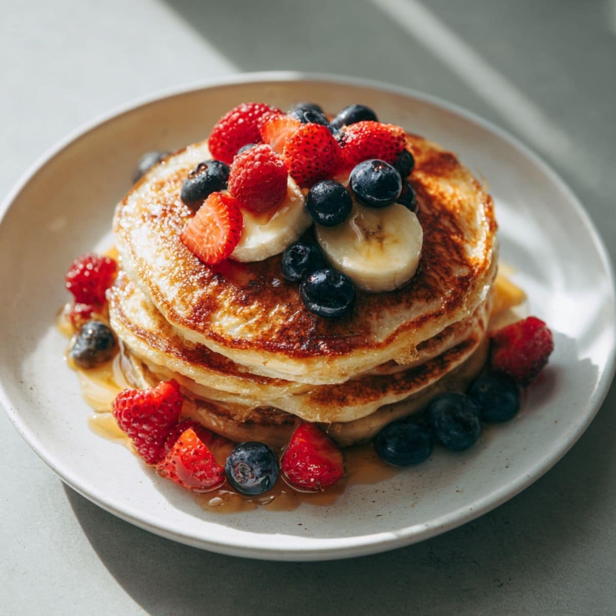 Fluffy stack of homemade vegan banana pancakes with maple syrup and berries on a white plate.