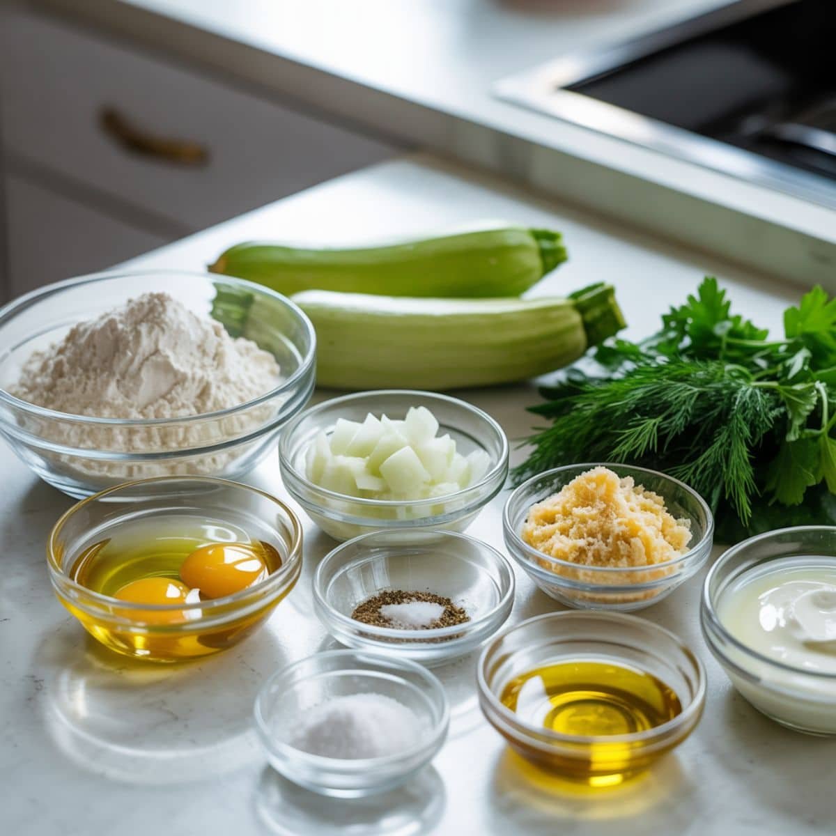 Fresh ingredients for zucchini pancakes including grated zucchini, eggs, flour, cheese, and herbs laid out on a white kitchen counter