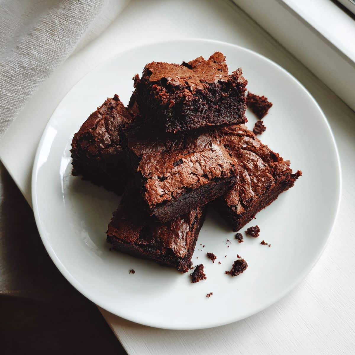 Fudgy homemade keto brownies recipe cooling on a white kitchen counter, shot from above.