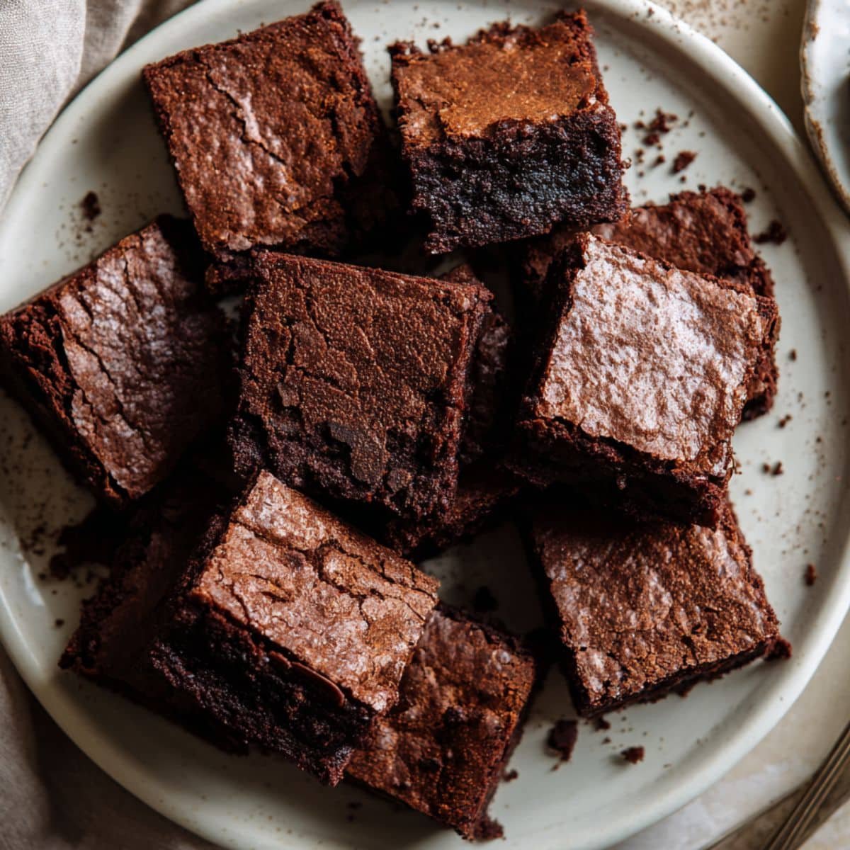 Homemade sugar free brownies recipe cut into rustic squares on a white plate, photographed from above in natural light.