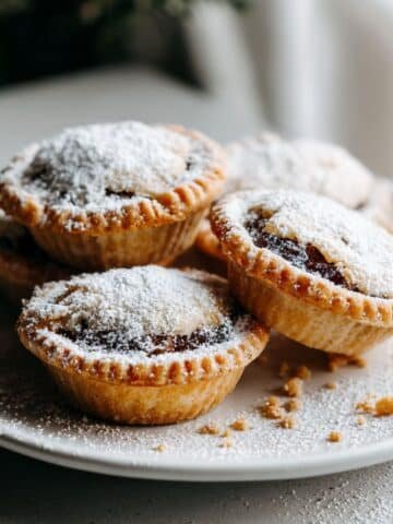 Top-down photo of golden gluten free mince pies dusted with sugar on a white plate, homemade and slightly crumbly.