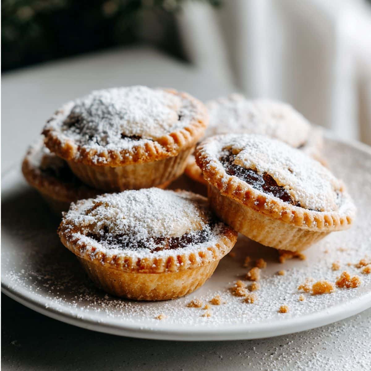 Top-down photo of golden gluten free mince pies dusted with sugar on a white plate, homemade and slightly crumbly.