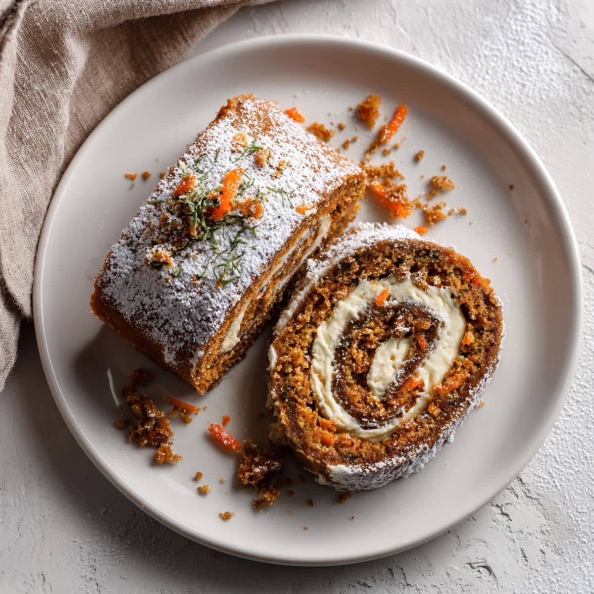 Homemade carrot cake roll slice with cream cheese filling on a white plate, photographed from above in natural light.