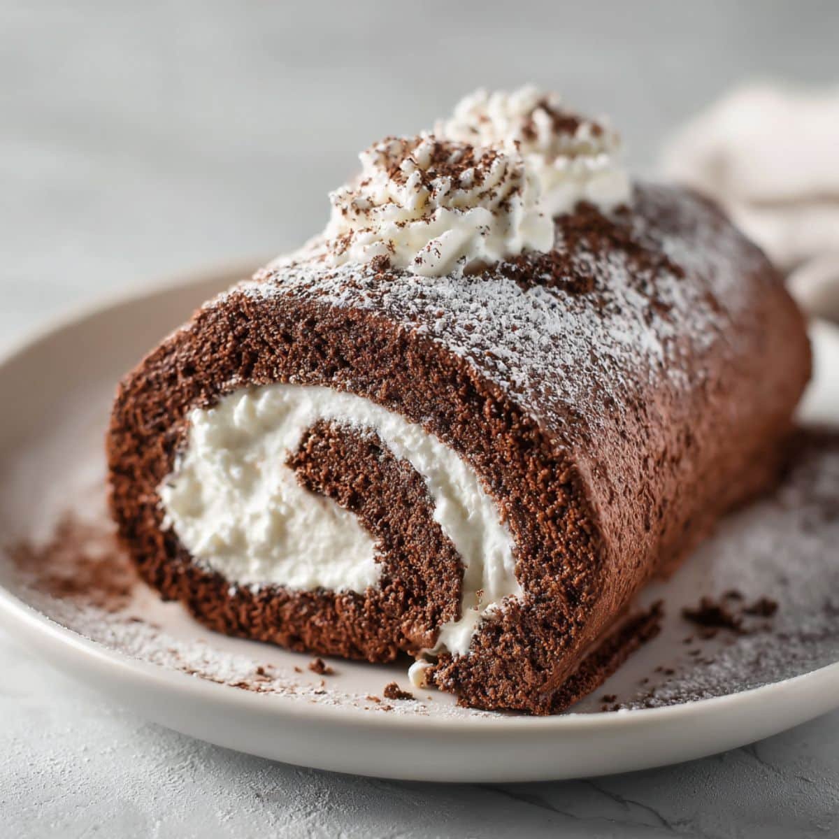 Homemade Swiss cake roll slice filled with cream, dusted with powdered sugar on a white plate — natural lighting, top-down shot.