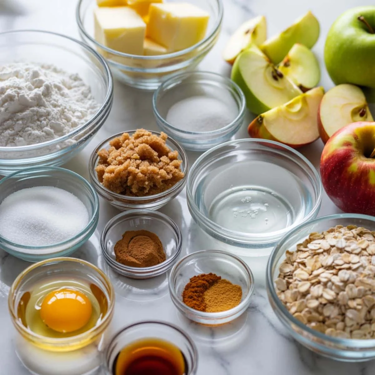 A flat lay of Dutch apple pie ingredients on a white counter, including sliced apples, flour, butter, sugars, cinnamon, oats, and kitchen tools in natural daylight.
