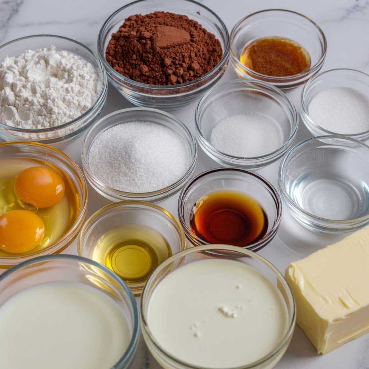 Top-down view of chocolate flan cake ingredients like eggs, cocoa powder, flour, and condensed milk on a white counter, in a real kitchen setting