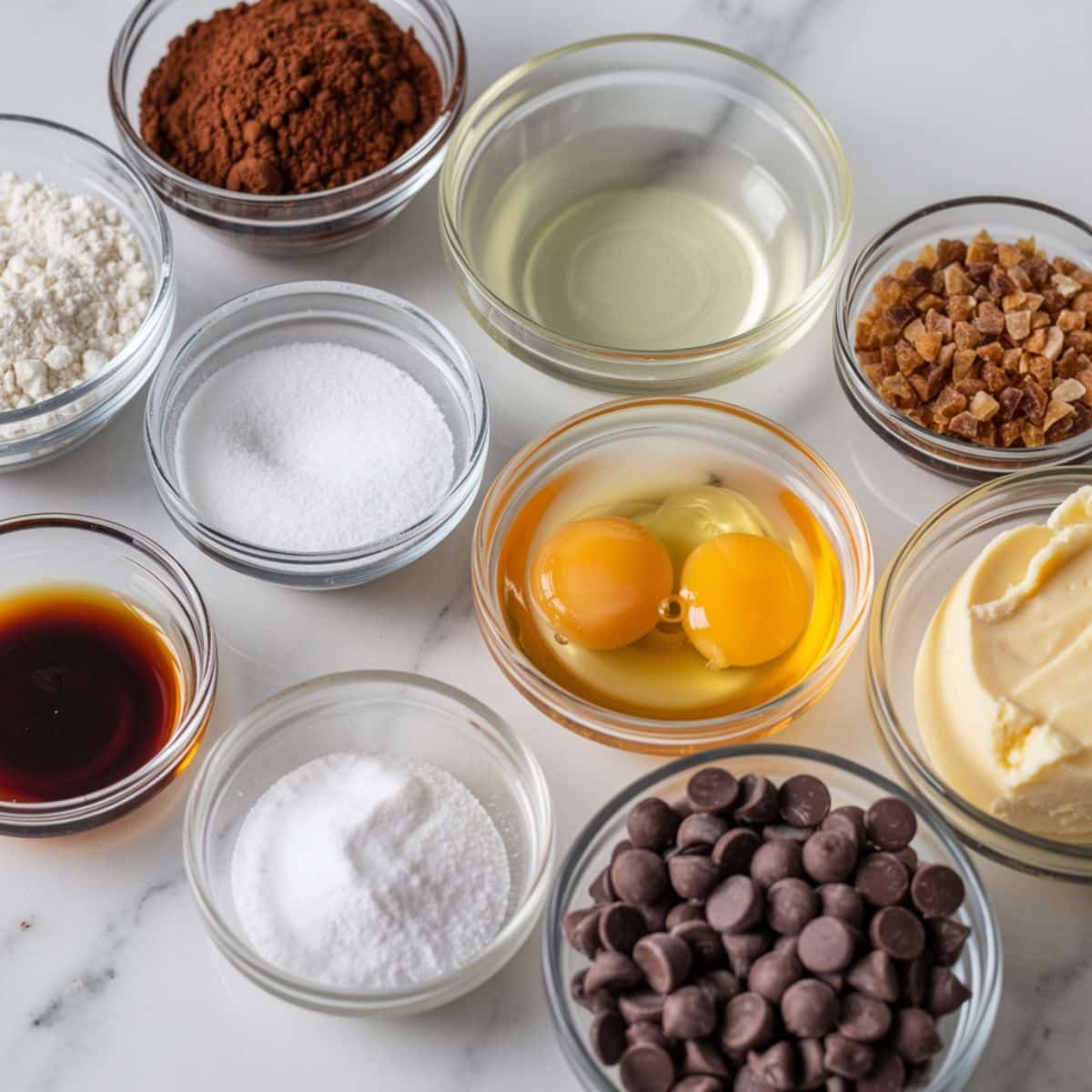 Overhead shot of keto brownie ingredients on a white kitchen table with natural lighting.