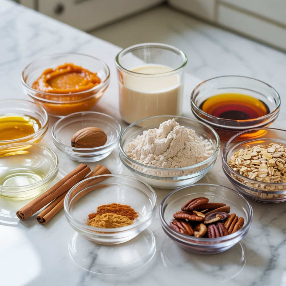 Flat lay of vegan pumpkin coffee cake ingredients on a white