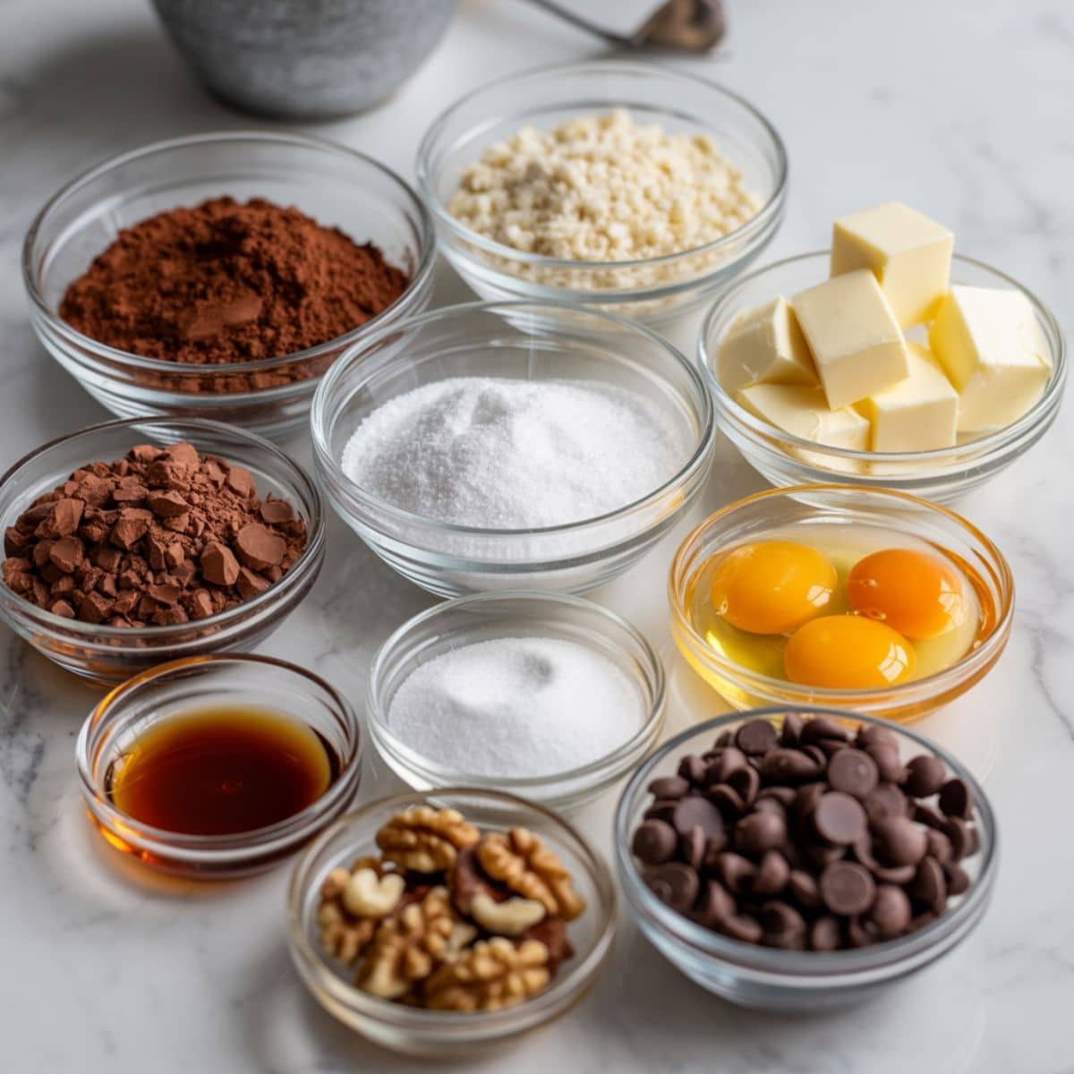 Overhead photo of sugar free brownie ingredients laid out on a white kitchen table with natural light and a cozy, homemade look.