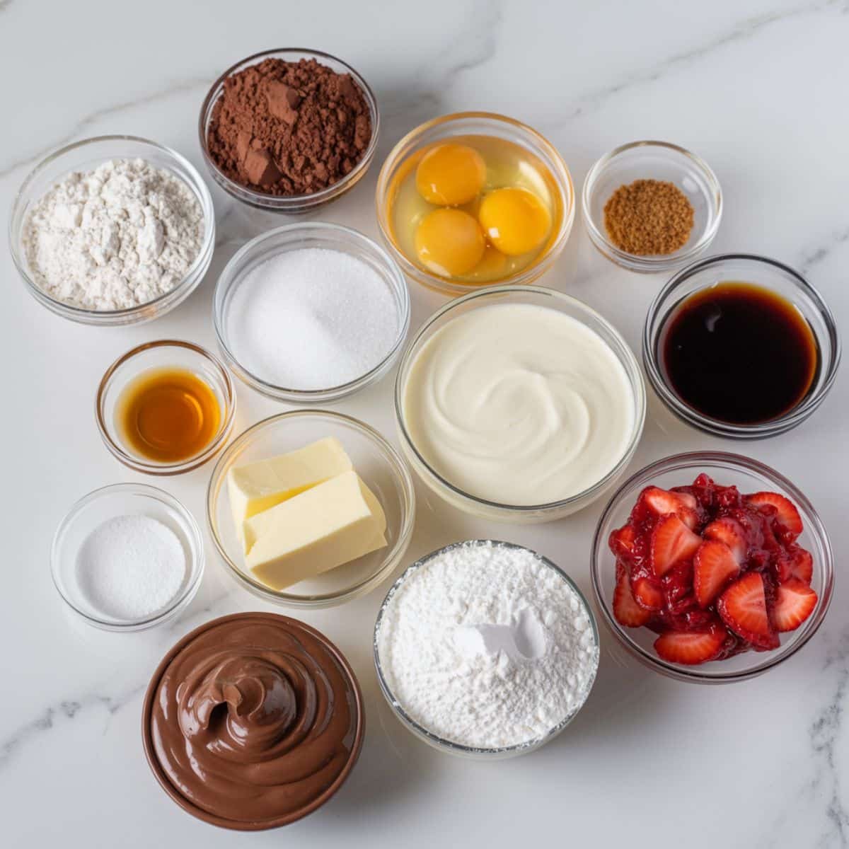 Flat lay of swiss cake roll ingredients — cocoa, flour, eggs, sugar, and cream on a white counter in natural light.