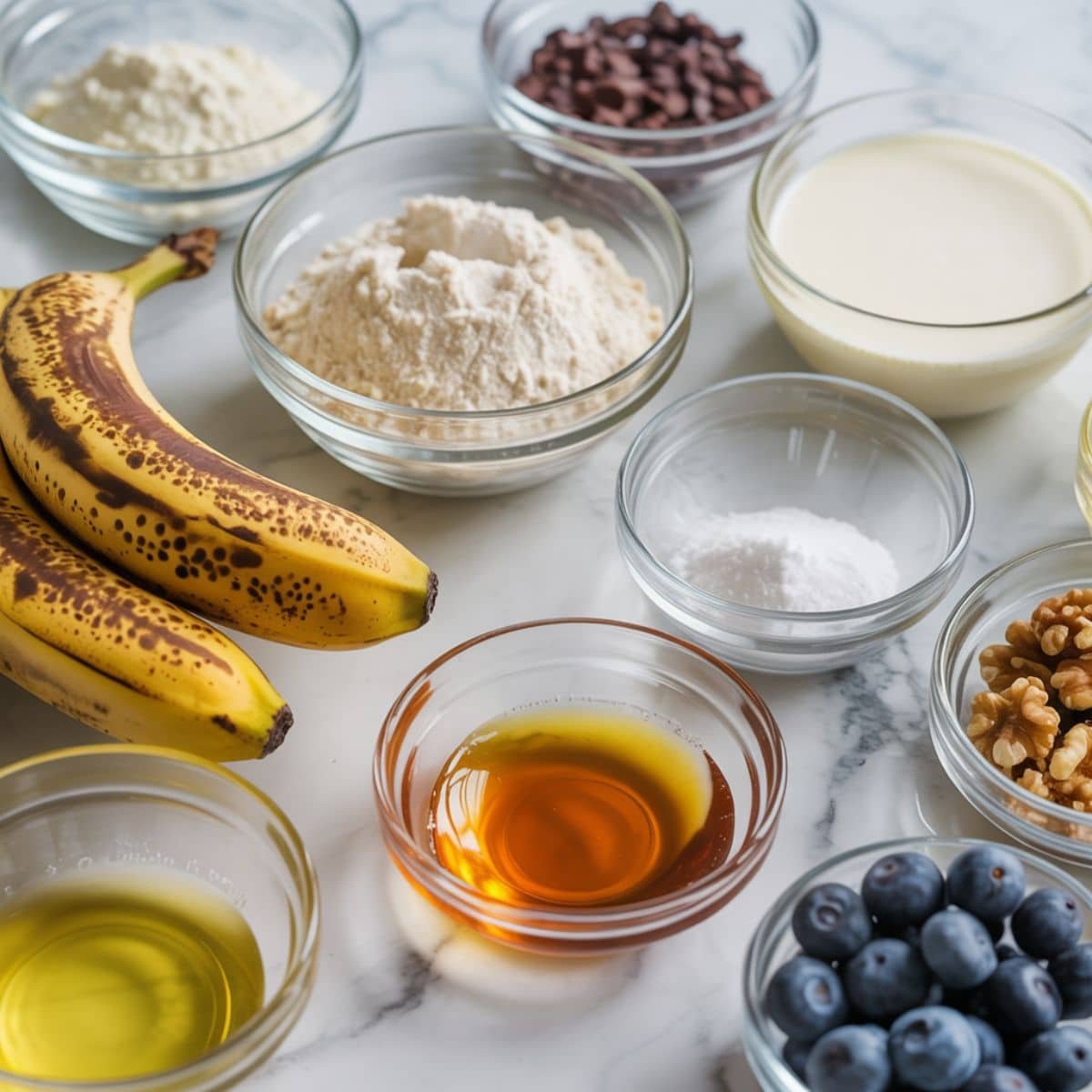 Flat lay of ingredients for vegan banana pancakes on a white plate with bananas, flour, milk, and maple syrup.
