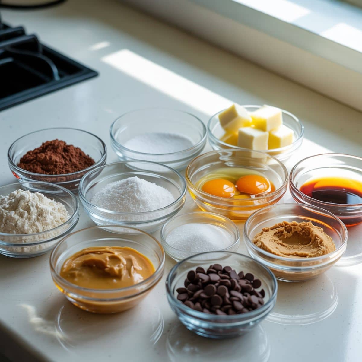 peanut butter brownie ingredients on a white kitchen counter