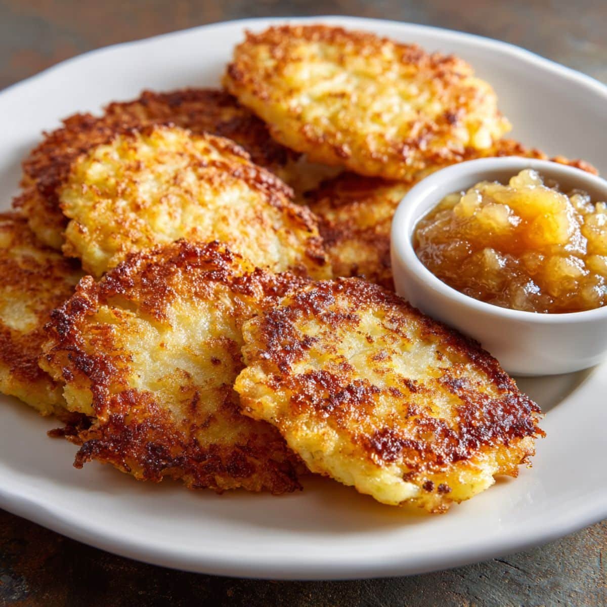 Homemade German potato pancakes served with applesauce on a white plate, shot from above in natural light.