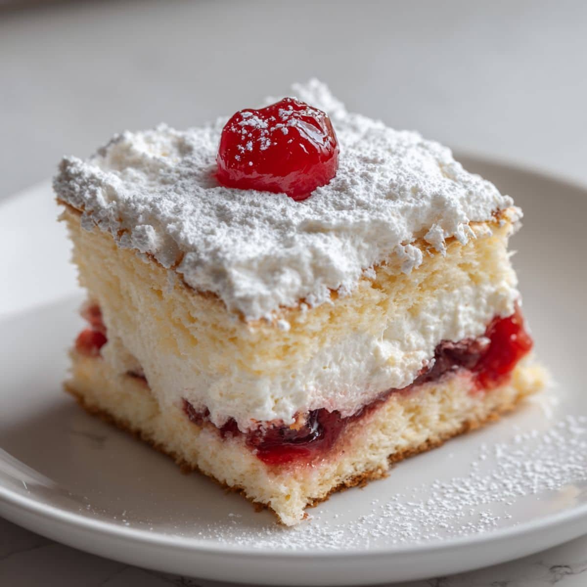 A homemade heaven on earth cake slice with creamy layers of pudding, cherries, and whipped topping on a white plate.