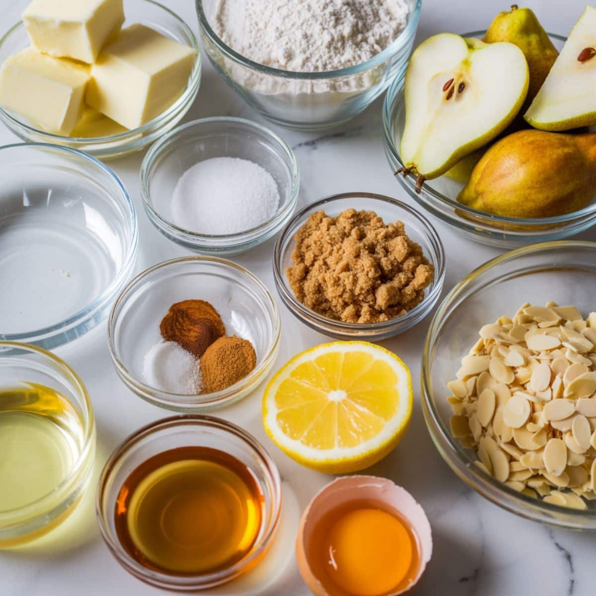 Overhead shot of pear galette ingredients on a white counter, including pears, butter, flour, sugar, and honey.