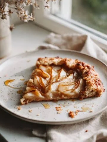 Homemade rustic pear galette recipe with golden crust and caramelized pears on a white plate, shot from above.