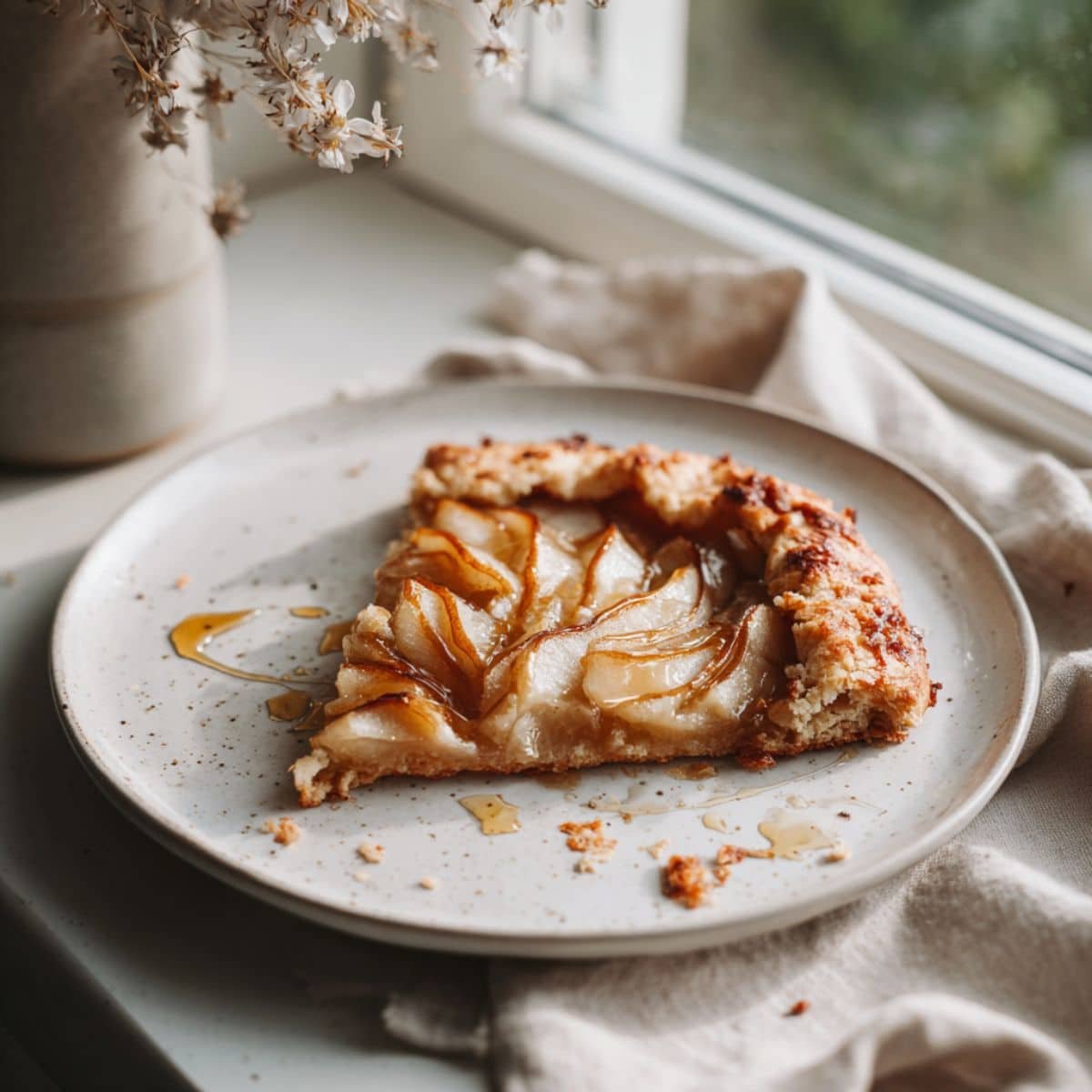 Homemade rustic pear galette recipe with golden crust and caramelized pears on a white plate, shot from above.